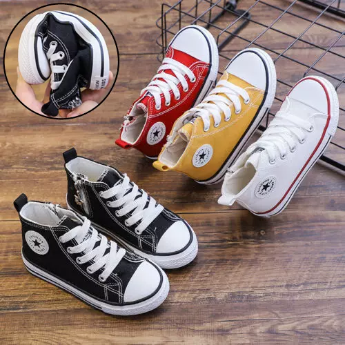 Kids Boys Girls Canvas Trainers Shoes High Top Childrens Lace Up Casual Sneakers