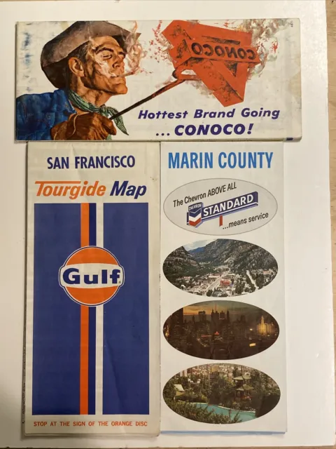 1960s Oil Advertising Maps Conoco Gulf Standard CA WA Cowboy Smoking Cigarette