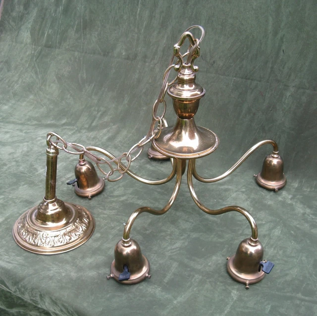 Antique Vintage Polished Brass 5 Light Shade Chandelier Hanging Lamp