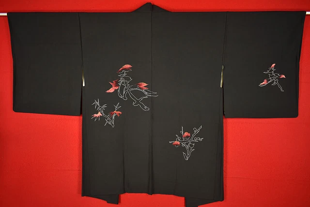 Vintage Japanese Kimono Silk Antique BORO Black HAORI Embroidery/A791/680