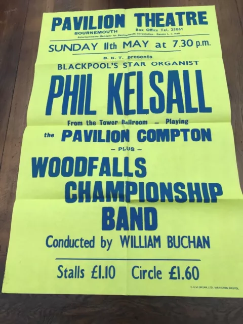 pavilion theatre bournemouth large theatre poster - phil kelsall  ( organ ) 80s