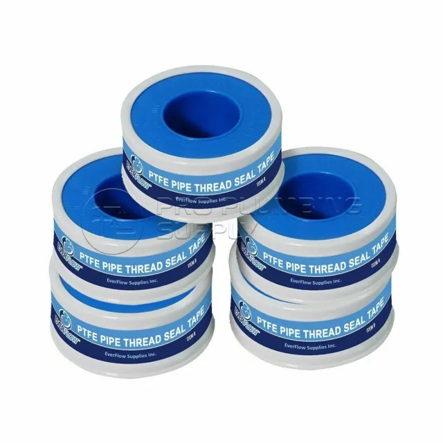 5 Rolls of Everflow White Plumbers Tape, Teflon, Thread Seal, PTFE 1/2" x 1080"
