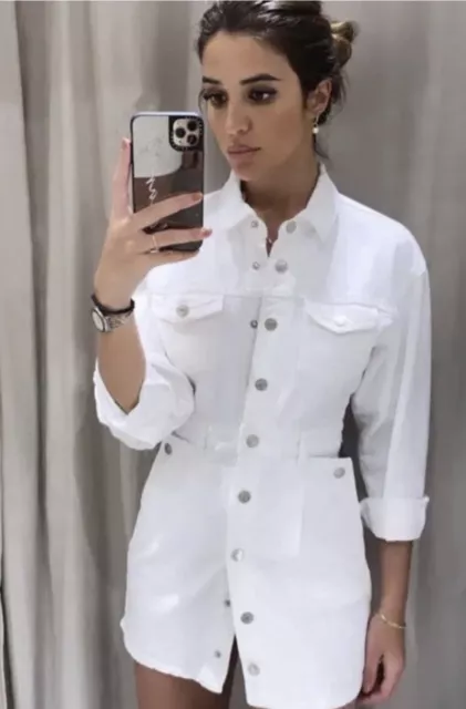 Zara Bloggers New With Tags   Pure White Denim Shirt Dress  Size Small