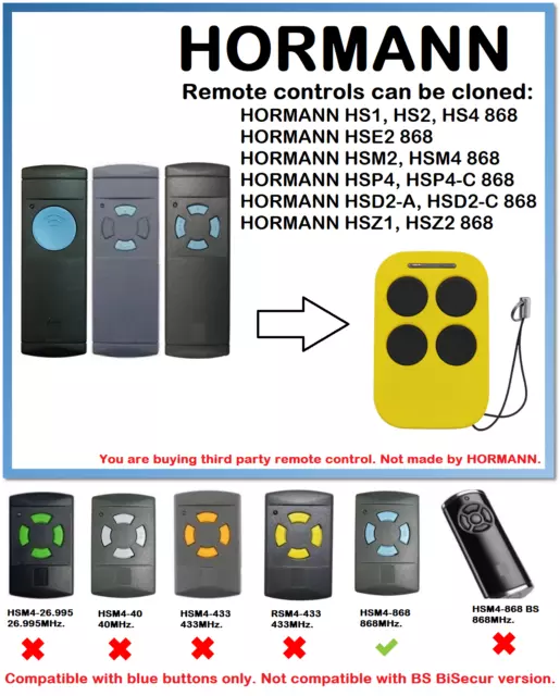 Mando a Distancia Duplicador para Hormann HS1, HS2, HS4 868 (Azul Botones Solo)