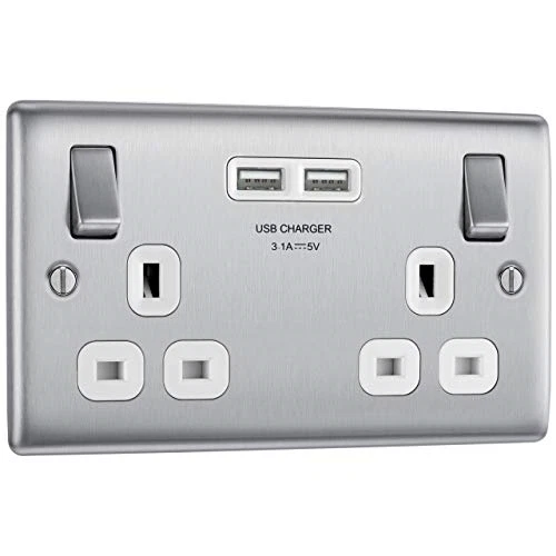 Double Switched Dual USB Power Socket Charging USB Fast 13 Amp Brushed Steel