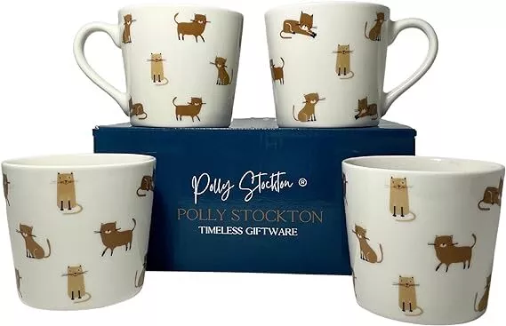 Polly Stockton - Animal Mug Gift set, Curious Cats Design, New Bone China. 400ml