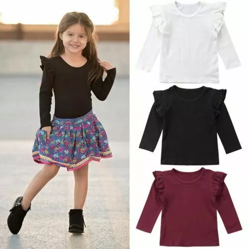 Baby Girl Toddler Kids Ruffle Long Sleeve Tops Tee Shirt Clothes Solid Color T-s