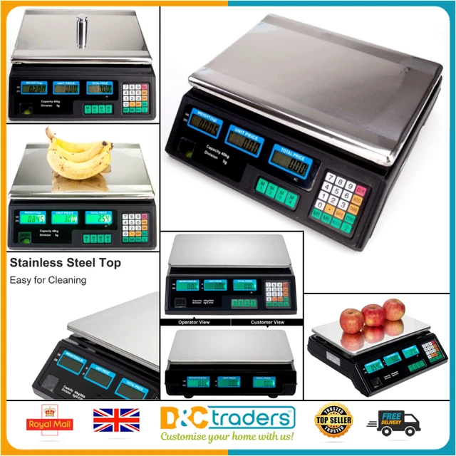 40kg Digital Price Computing Scale With UK Plug - For Retail, Veg, Fruit, Grocery Shops - Black & Silver