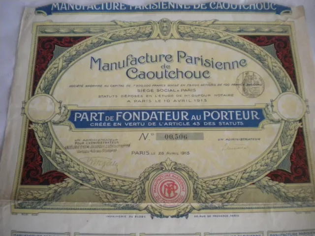 Vintage share certificate Stocks Bonds action Manufacture Parisienne caoutchouc 2