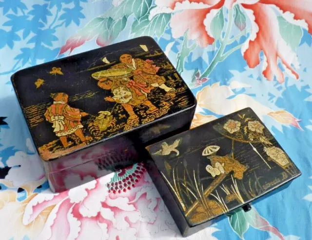 LOT 2 BOITES ANCIENNES Décor japonisant XIXe, en BOIS LAQUÉ NAPOLÉON III