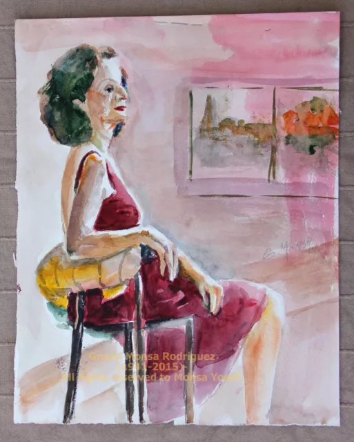 Watercolor Painting Lady in purple dress model female sitting 2002 UNFRAMED