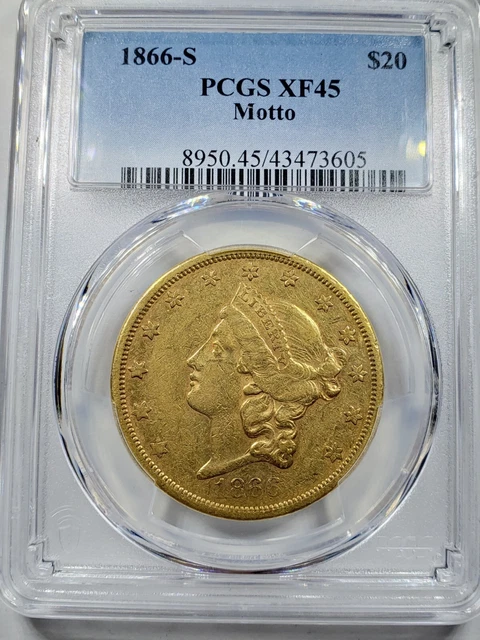 1866-S Motto $20 Gold Liberty Head Double Eagle Pcgs Xf45