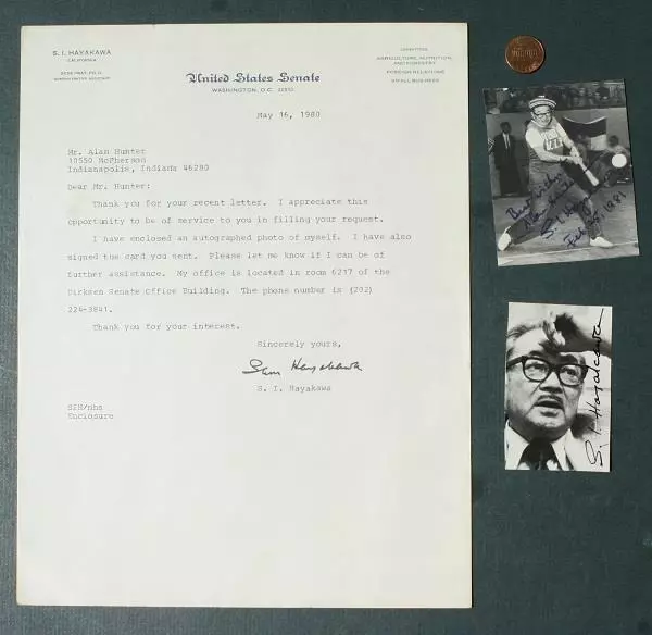 1977-83 California Senator Sam Hayakawa signed autographed 3 letter & photo set-