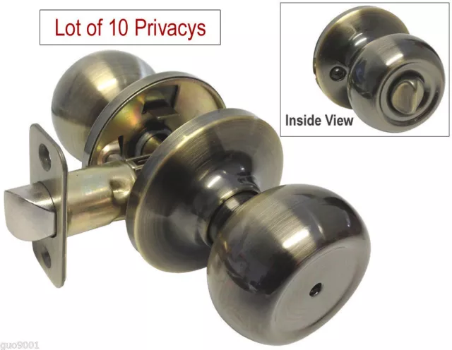 10 Privacy Antique Brass Bedroom Bathroom Round knobs Door Handle Lever Locks