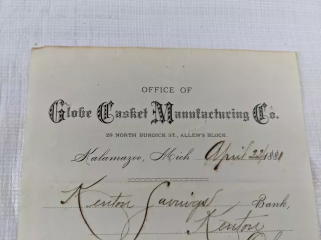 1881 Globe Casket Manufacturing Co Antique Letterhead Letter Receipt Paper Litho