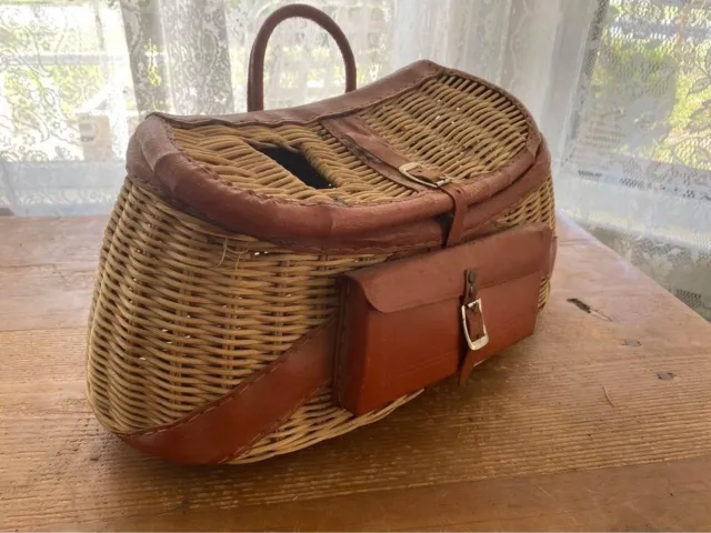 Vintage Wicker Fishing Creel With Leather Pouch