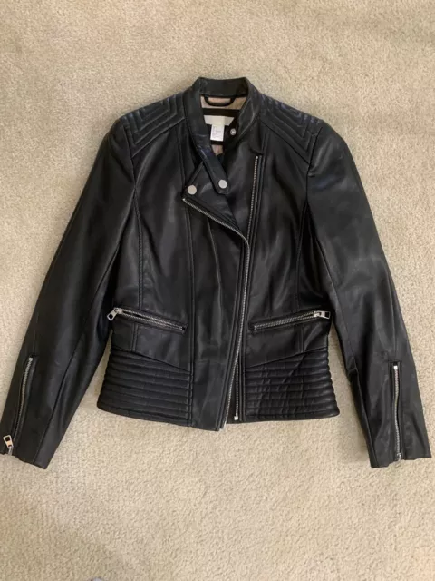 H&M Womens 6 Faux Leather Jacket Black Baddie Moto Zip Pockets Biker