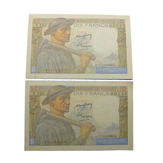 FRANCE -  2 billets de 10 francs mineur 1949 numéros consécutifs