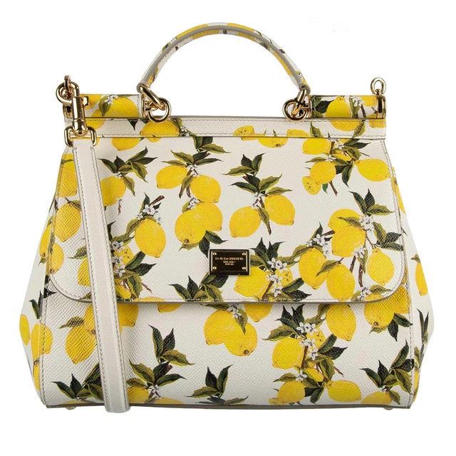 DOLCE GABBANA Dauphine Leather Lemon Print Bag Tote SICILY White