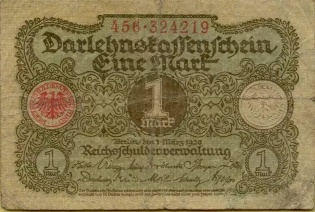 4547: Banknote Darlehenskassenschein 1 Mark 1920 Reichsschuldenverwaltung