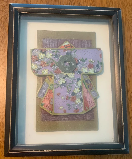 Hand Painted Miniature Relief Metal Chinese Kimono w Square Hole Coin - Framed