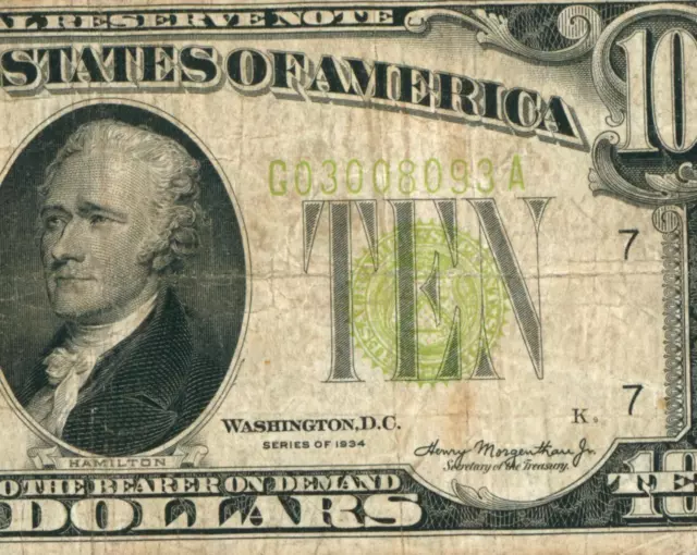 $10 1934 LGS LIME ((LIGHT GREEN SEAL)) Federal Reserve DAILY CURRENCY AUCTIONS
