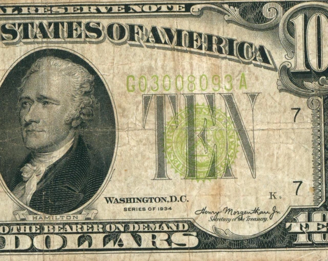 $10 1934 LGS LIME ((LIGHT GREEN SEAL)) Federal Reserve DAILY CURRENCY AUCTIONS