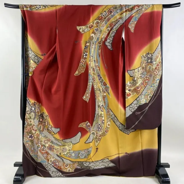 Japanese Kimono Furisode Pure Silk An Ox Drawn Coach Noshi Gold Paint Dark Red