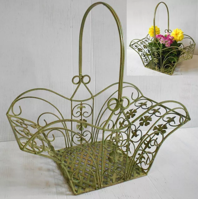 Panier de Fleurs Fer Forgé Vert Antique Planteur en Jardin (GM)