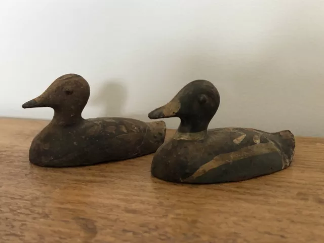 Vintage Duck Figurine x2 Iron Metal Hand Painted 3” Mallard Paperweight Decoy