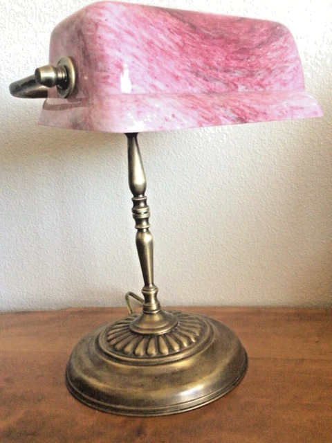 Vintage Pink Banker’s Lamp Library Brass Desk Light
