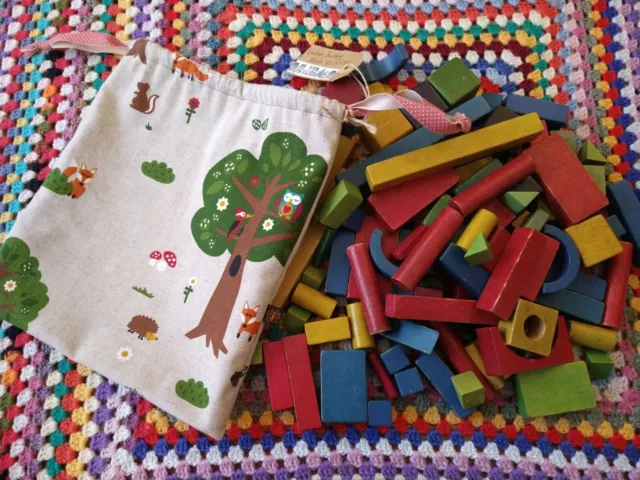 Vintage Children's Wooden Building Blocks 100 Pieces New Handmade Bag Eco Gift