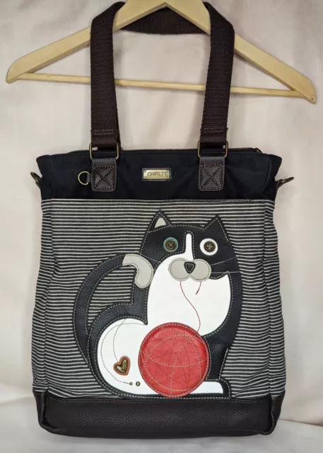 Chala Black Stripe Fat Cat Kitty Work Tote Purse Bag Faux Leather Canvas