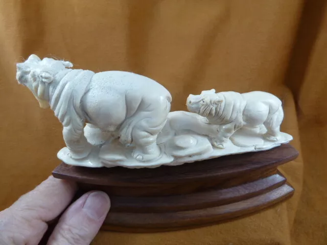 hippo-15) Mama Hippo + baby of shed ANTLER figurine Bali detailed carving hippos 2