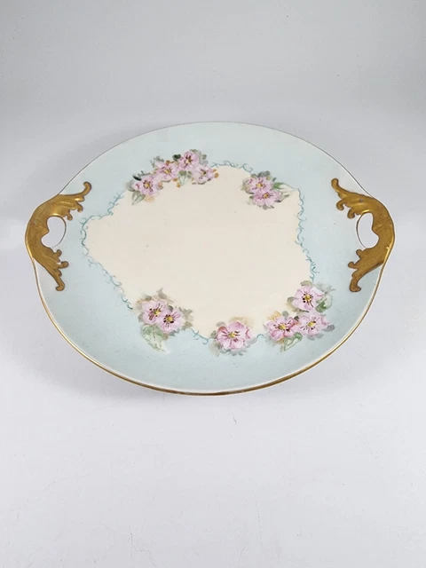 Vtg HANDLED PLATE HAND PAINTED signed pink flowers gold open handles PORCELAIN