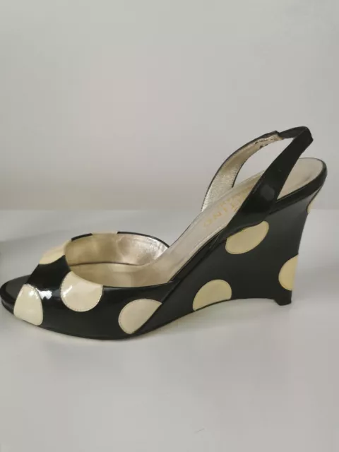 Auth Valentino Garavani Black & White Polkadot Patent Leather Vedge Sandals uk 7