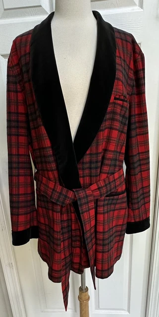 Vintage 1950s Pendleton SZ L Wool Red Plaid Black Velvet Smoking Jacket FLAWLESS