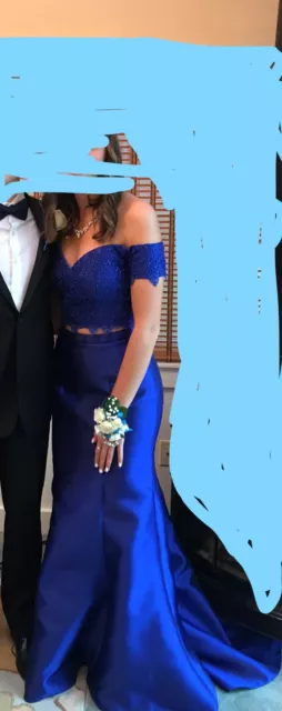 2 PIECE STUNNING Royal Blue size 4 beaded satin long prom dress Alyce ...