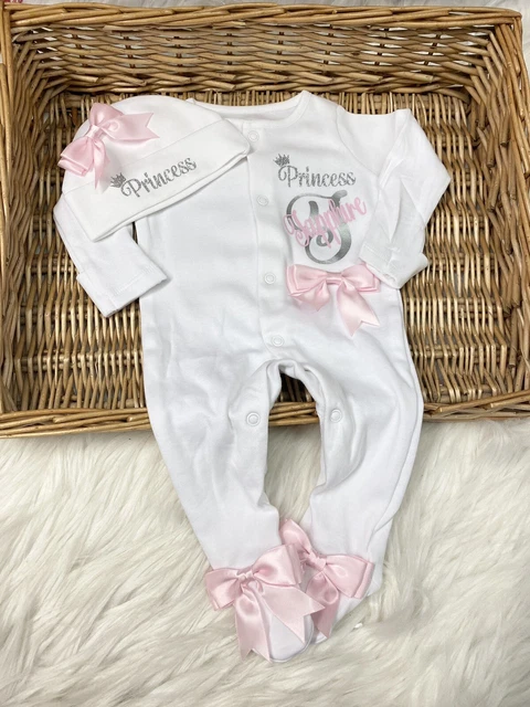 Sleep-suit/babygrow￼ Hat  Bows Set Girl Boy Baby Personalised Princess Prince