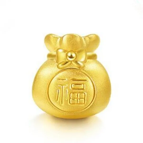 999 Pure 24K Yellow Gold Pendant 3D Hard Gold Blessing Bag Bow-knot DIY Bead