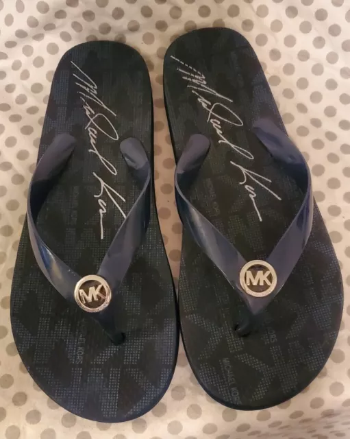 Michael Kors MK Silver Logo Blue Flip Flop Sandals Women’s SZ 7 EUC