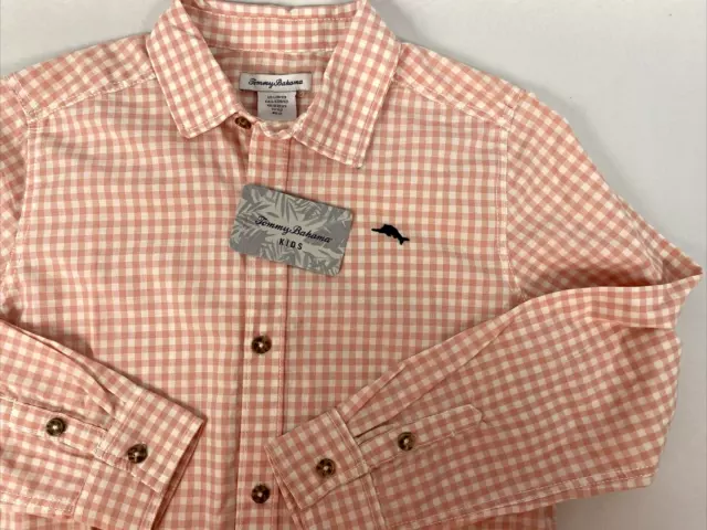 New Boys Tommy Bahama Long Sleeve Button Up Shirt Sz L (10-12) NWT Pink Check