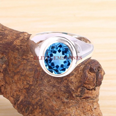 APS Naturel Bleu Gemme Topaze Avec 925 Bague en Argent pour Hommes #AP995 