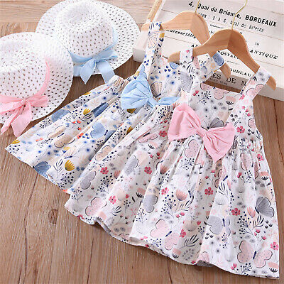 Toddler Kids Baby Girls Summer Boho Sleeveless Ruffles Bow Floral Dress Hat Set