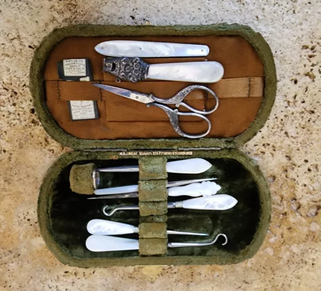 Antique Cased Mother of Pearl Sewing Set  Sterling 1886 W&J Milne Edinburgh