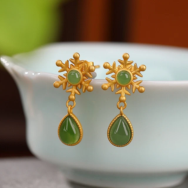 Gold Over 925 Sterling Silver Snowflake With Natural Green Jade Dangle Earrings