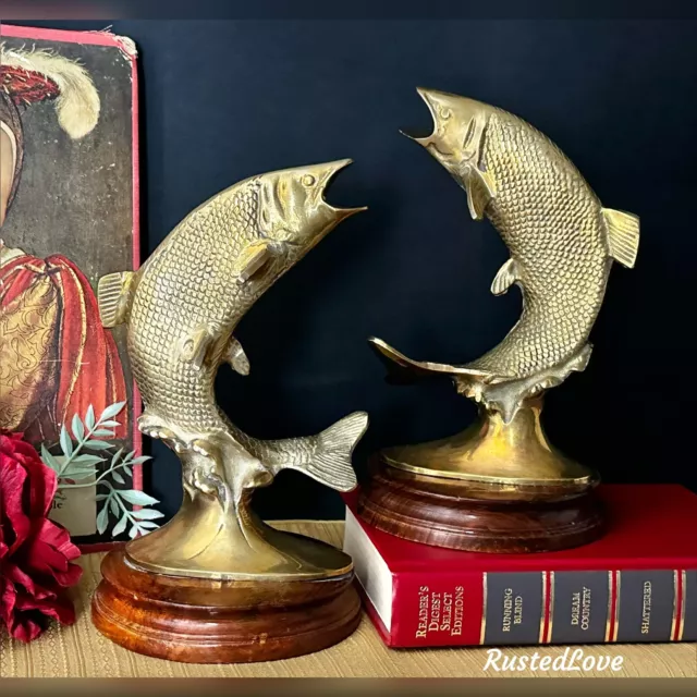 Solid Brass Bass / Carp / Fish Book Ends Vintage 8.5" Wood base Fisherman MCM *