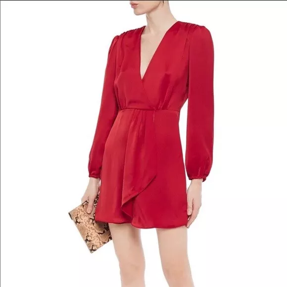 NEW Sandro Leana Red Long Sleeve Wrap Mini Dress Satin Size 36 US Size 4 NWT