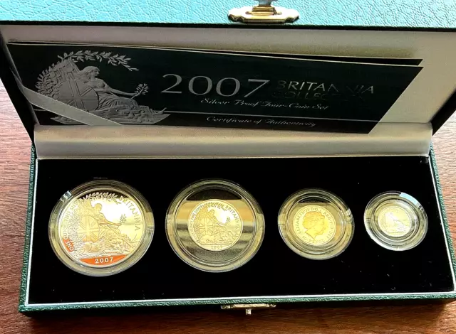 2007 British SILVER X 4 Coin Brittania Set BU w/Case & Royal Mint Cert EllR