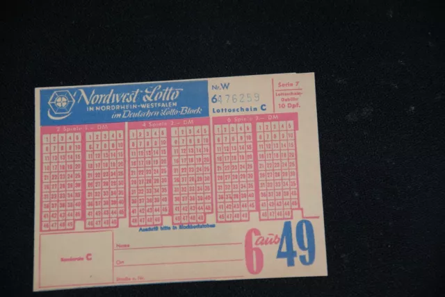 Lottoschein 6 aus 49 unbespielt Nordwest Lotto 1950er Jahre